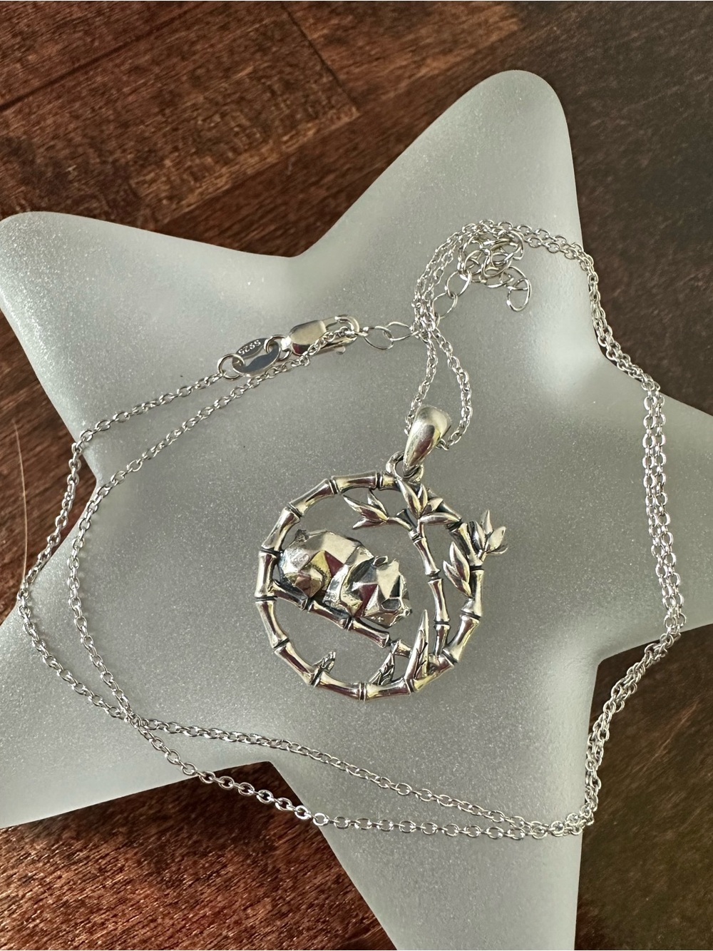 Sterling silver panda & bamboo necklace, 18in